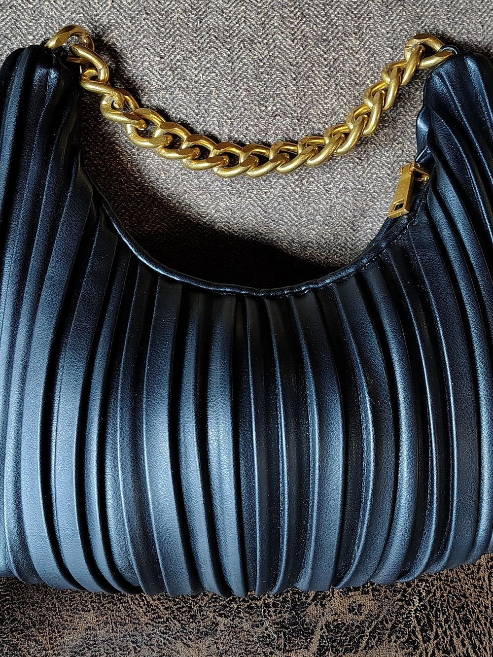 Madison West Black Pleated Crescent Hobo Bag Chunky Gold Chain Shoulder Purse